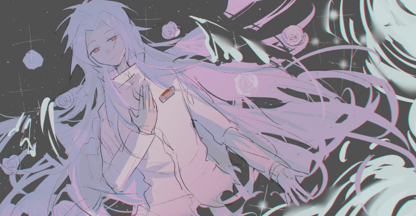 1boy, chromatic_aberration, closed_mouth, commentary_request, curtained_hair, hai_(1210080), hand_on_own_chest, hatsutori_hajime, highres, jacket, long_hair, long_sleeves, male_focus, parted_bangs, pink_hair, red_eyes, saibou_shinkyoku, sketch, smile, solo, spoilers, very_long_hair, white_jacket