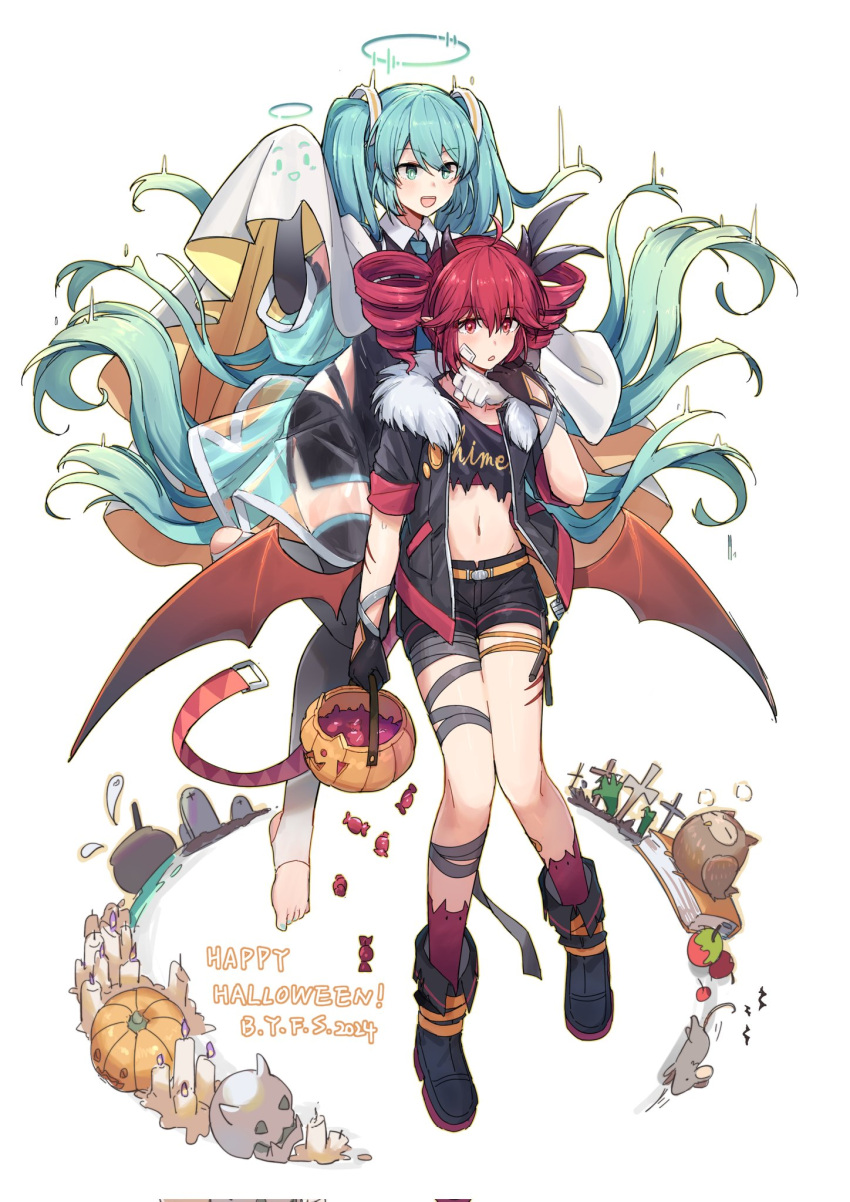 2girls, ahoge, alternate_costume, bandaged_leg, bandages, belt, bird, black_bow