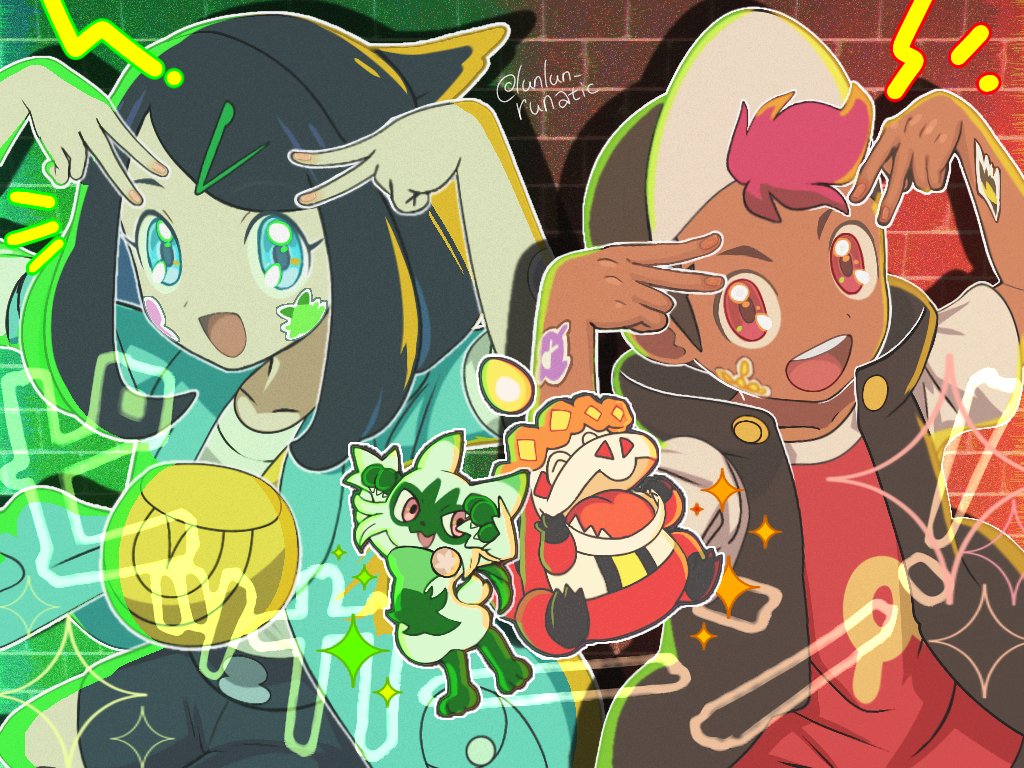 1boy, 1girl, aqua_coat, bag, black_hair, black_hat, black_vest, blue_eyes, brick_wall, coat, cowlick, crocalor, double_inward_v, double_v, eyelashes, floragato, hair_ornament, hairclip, hands_up, hat, hood, hood_down, hooded_vest, hoodie, inward_v, jacket, liko_(pokemon), looking_at_viewer, multicolored_hair, notice_lines, open_clothes, open_jacket, open_mouth, pokemon, pokemon_(anime), pokemon_(creature), pokemon_horizons, red_eyes, redhead, roy_(pokemon), runachikku, shirt, shorts, smile, sparkle, sticker, sticker_on_arm, sticker_on_face, swept_bangs, t-shirt, teeth, tongue, twitter_username, upper_teeth_only, v, vest, white_shirt, yellow_bag