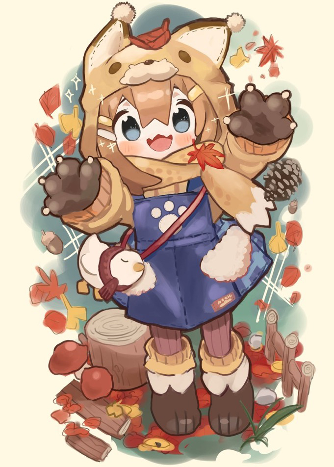 1girl, acorn, animal_ears, animal_hands, animal_hood, apron, arms_up, autumn