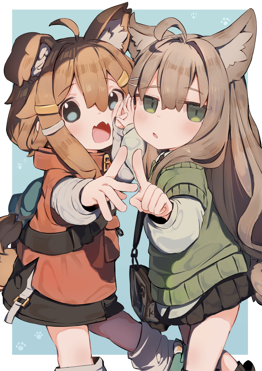 2girls, :o, absurdres, ahoge, animal_ear_fluff, animal_ears, bag, black_shorts