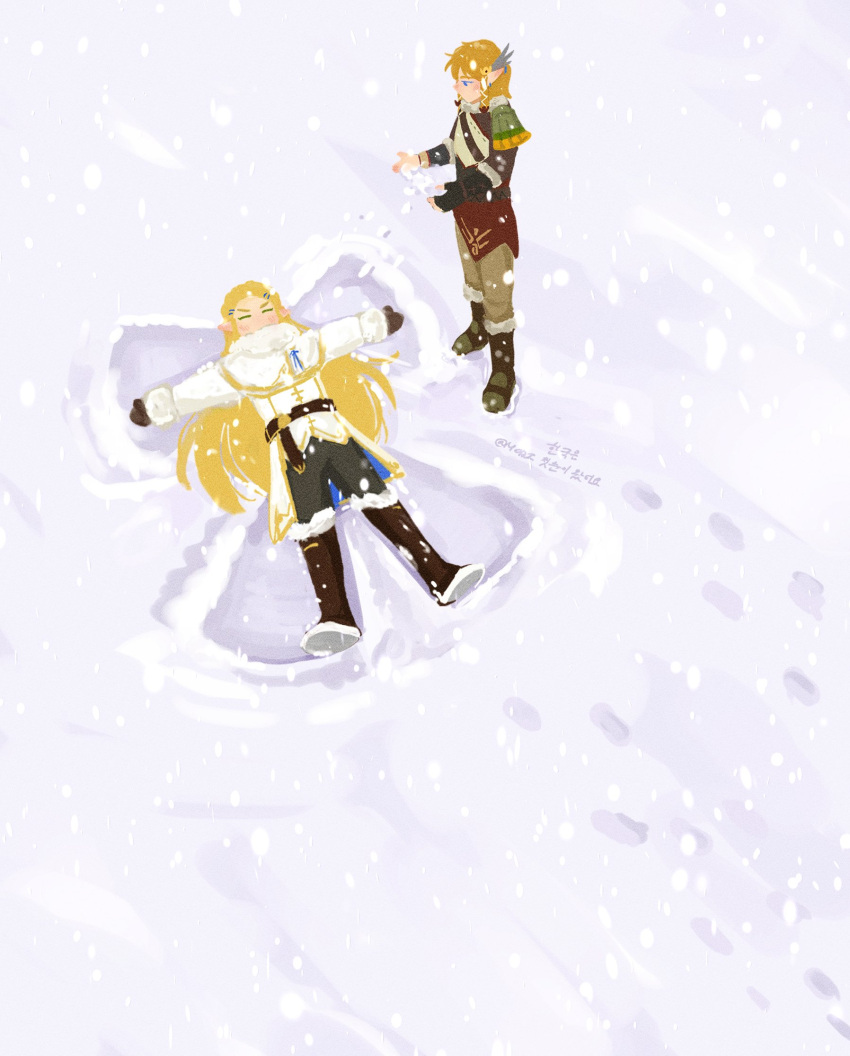 1boy, 1girl, artist_name, belt, blonde_hair, blue_eyes, boots, brown_belt