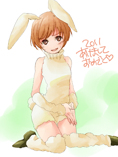 2011, akeome, animal_ears, arm_warmers, brown_eyes, brown_hair, bunny_ears, bunny_girl