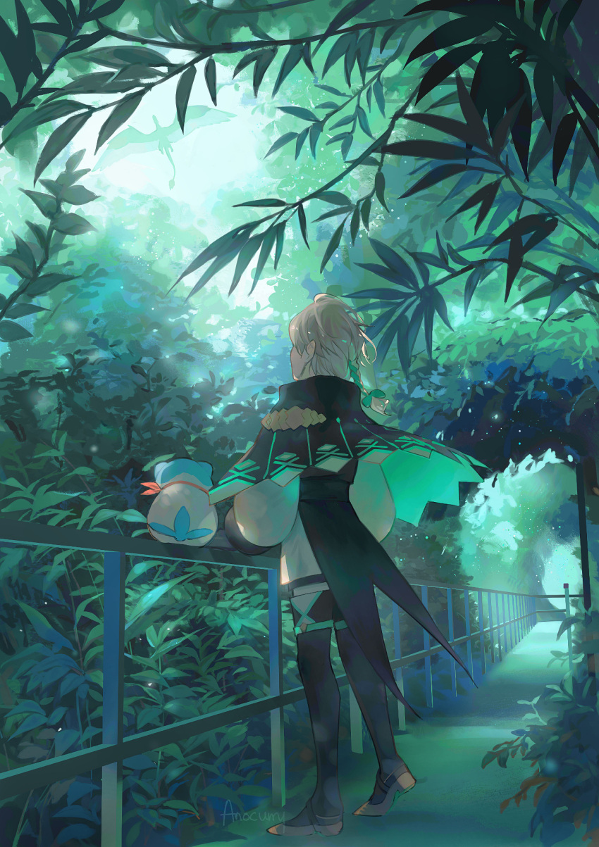 1boy, 1other, anopuff, blue_fur, braid, clanne_(fire_emblem), fence, fire_emblem, fire_emblem_engage, leaf, plant, sommie_(fire_emblem), white_hair