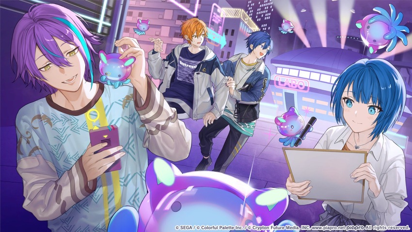 +_+, 1girl, 3boys, :d, alien, april_fools, aqua_shirt, arrow_(symbol)