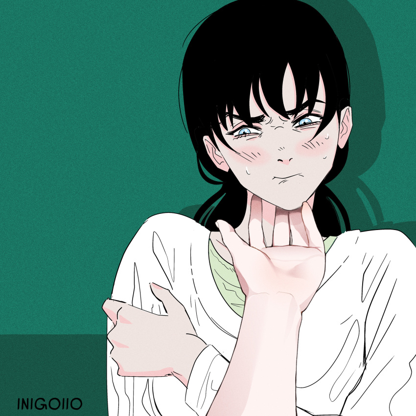 1girl, 1other, absurdres, black_hair, blue_eyes, chainsaw_man, closed_mouth, green_background