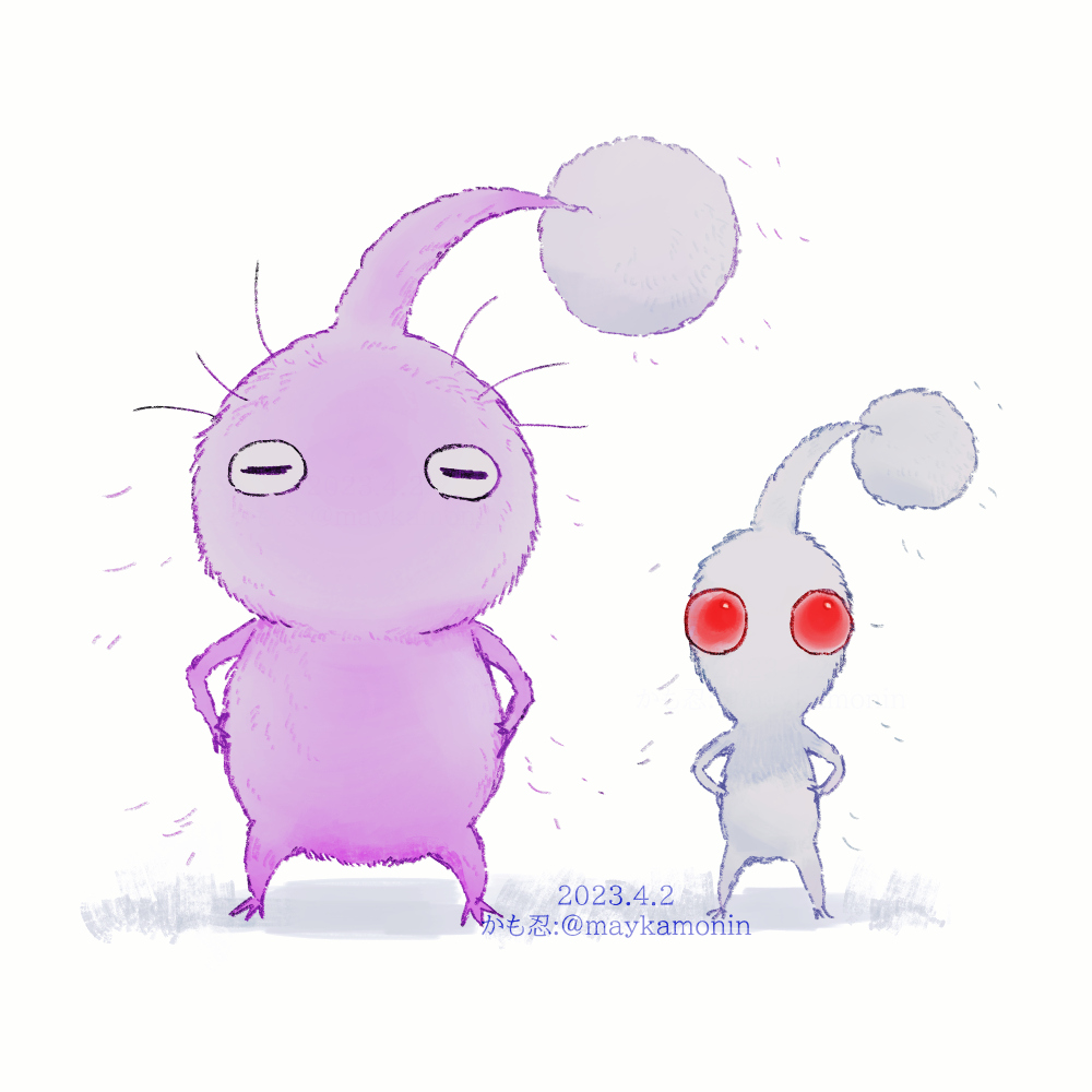 artist_name, closed_eyes, colored_skin, creature_focus, dated, hands_on_own_hips, height_difference, looking_at_viewer