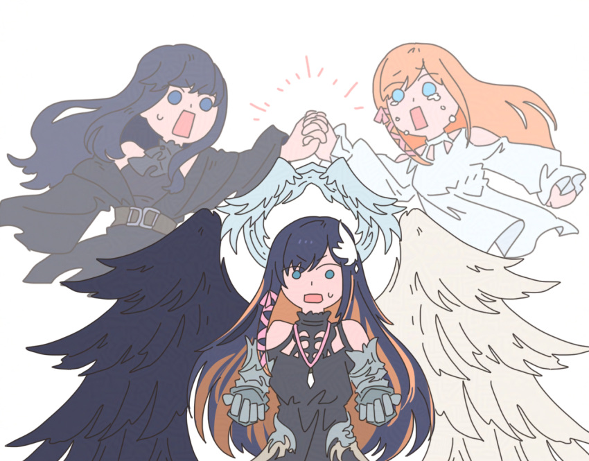 asymmetrical_wings, black_dress, black_feathers, dress, feathered_wings, feathers, ff14monday, final_fantasy, final_fantasy_xiv, gaia_(ff14), gauntlets, halo, holding_hands, jewelry, multicolored_hair, necklace, pandora_(ff14), rectangular_mouth, ryne_waters, spoilers, tears, two-tone_hair, white_dress, white_feathers, wings
