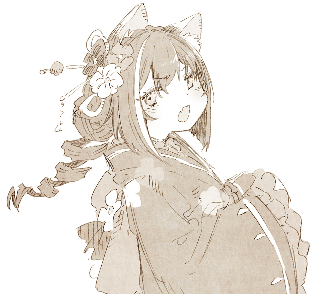 1girl, abara_heiki, animal_ears, floral_print, flower, hair_flower, hair_ornament, japanese_clothes