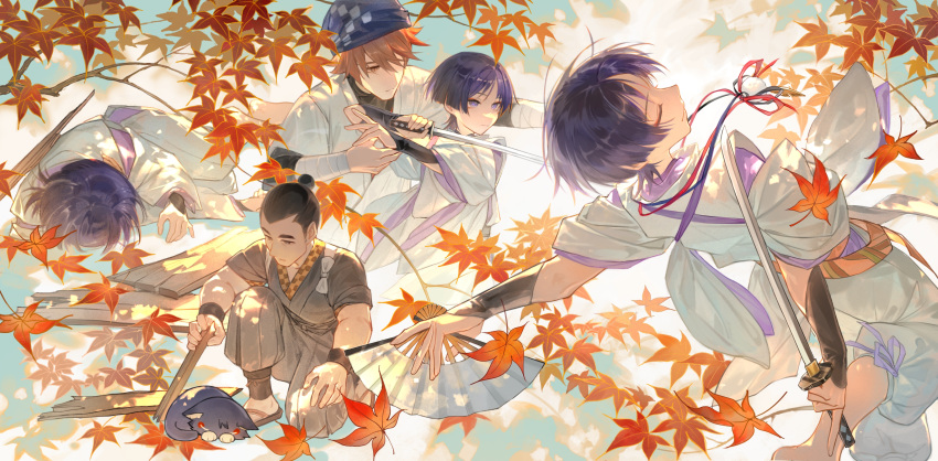 3boys, absurdres, animalization, armlet, arms_up, autumn, autumn_leaves, blue_sky