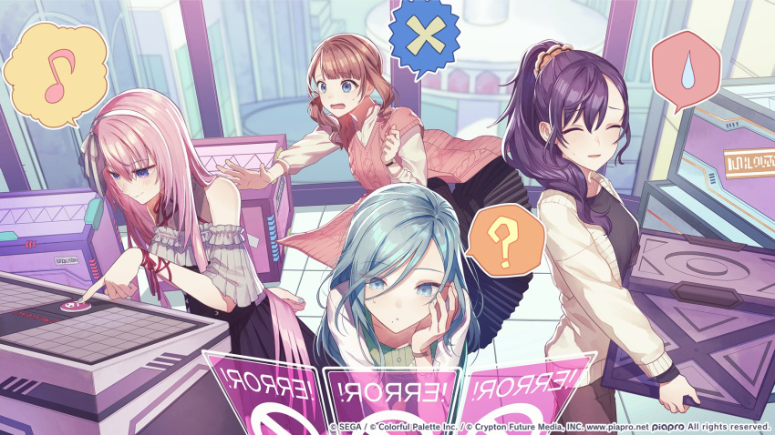 25-ji_luka, 4girls, ?, april_fools, aran_sweater, arm_behind_back, asahina_mafuyu, bare_shoulders, black_dress, black_shirt, black_skirt, blue_eyes, blue_hair, blunt_bangs, blush, bow_hairband, box, brown_hair, brown_pants, cable_knit, cardigan, cityscape, closed_eyes, colorful_palette, commentary_request, crypton_future_media, dress, error_message, frilled_dress, frilled_sleeves, frills, fujimi_nanna, green_dress, hair_between_eyes, hair_ornament, hair_ribbon, hair_scrunchie, hairband, hand_on_own_face, highres, hinomori_shizuku, holding, holding_box, holographic_interface, lace_shirt, light_blue_hair, long_hair, long_skirt, megurine_luka, mochizuki_honami, mole, mole_under_mouth, multiple_girls, musical_note, open_cardigan, open_clothes, open_mouth, outstretched_arm, pants, piapro, pink_hair, pink_sweater_vest, ponytail, pressing_button, project_sekai, purple_hair, red_ribbon, ribbon, science_fiction, scrunchie, sega, shirt, side_ponytail, sidelocks, skirt, spoken_musical_note, spoken_question_mark, spoken_sweatdrop, spoken_x, sweatdrop, sweater, sweater_vest, swept_bangs, tile_floor, tiles, very_long_hair, violet_eyes, vocaloid, watch, watch, white_shirt, window, wrist_ribbon, yellow_sweater