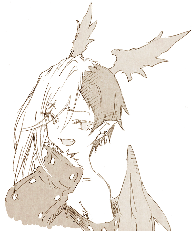 1girl, abara_heiki, bare_shoulders, dragon_girl, dragon_horns, dragon_wings, earrings, eyes_visible_through_hair