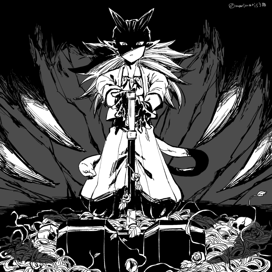 1boy, closed_mouth, commentary_request, dragon_quest, dragon_quest_builders_2, gloves, greyscale, hair_horns