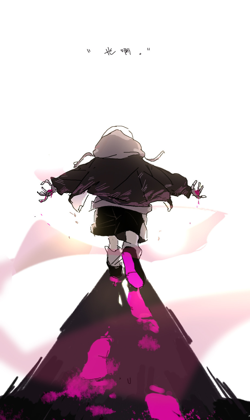 1boy, alternate_universe, asaiiro, black_footwear, black_jacket, black_shorts, blood, blood_on_clothes