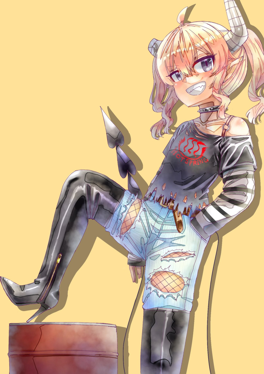 1girl, ahoge, barrel, belt, black_footwear, blonde_hair, boots, broken_horn