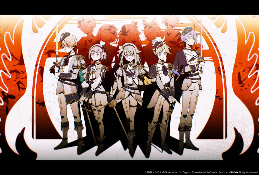 2girls, 3boys, ascot, asymmetrical_sidelocks, bicorne, bird, black_ascot, black_capelet