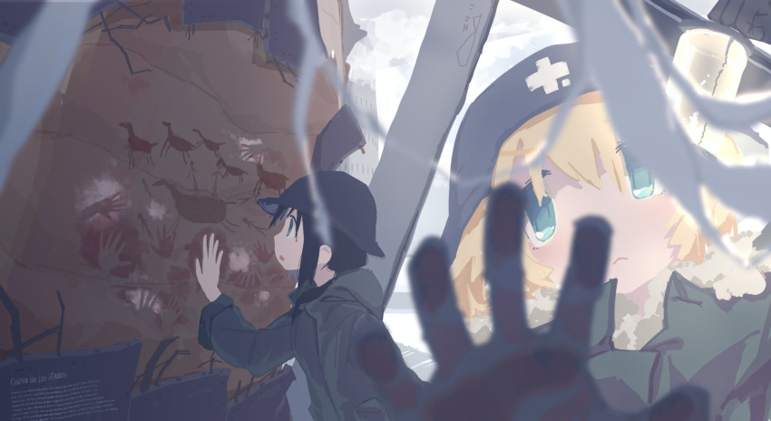 2girls, blonde_hair, brodie_helmet, cave_paintings, chito_(shoujo_shuumatsu_ryokou), coat, combat_helmet, fur_trim