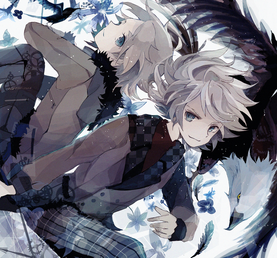 back-to-back, bad_id, bibinko, bird, blue_eyes, feathers, flower, fubuki_shirou