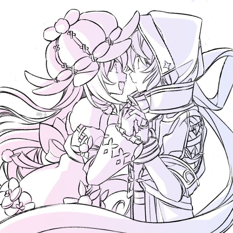 1boy, 1girl, commentary, dress, elsword, english_commentary, eye_contact, fingernails