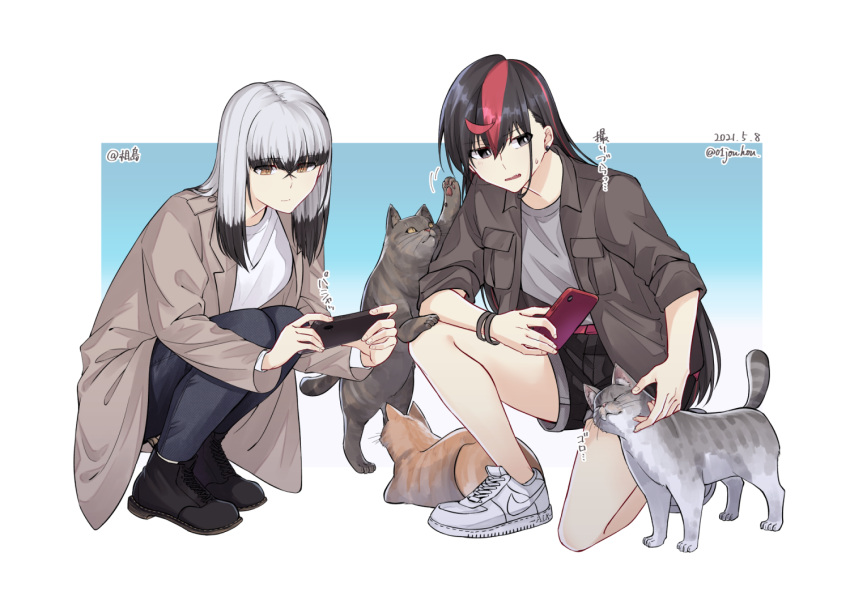 2girls, animal, belt, black_footwear, black_hair, black_pants, black_shorts, blunt_bangs