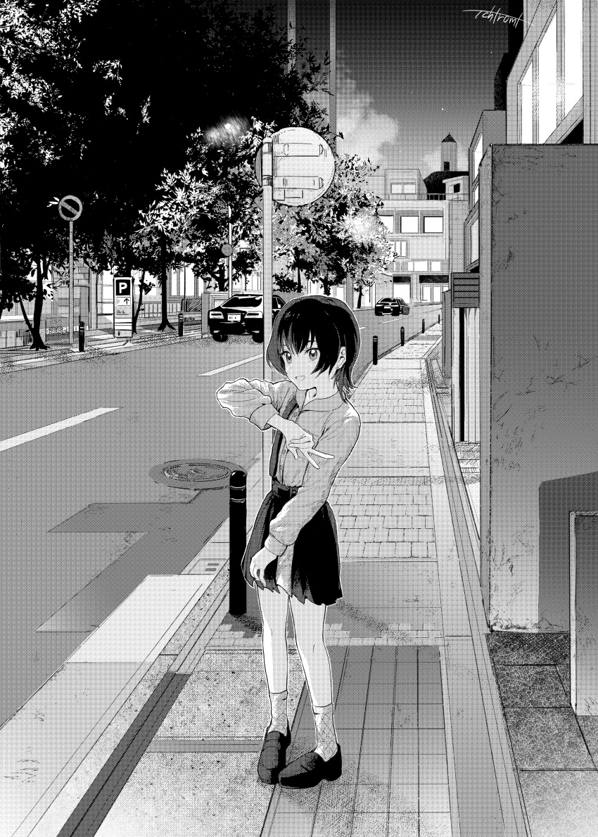 1girl, absurdres, artist_name, building, car, commentary_request, dress_shirt, greyscale