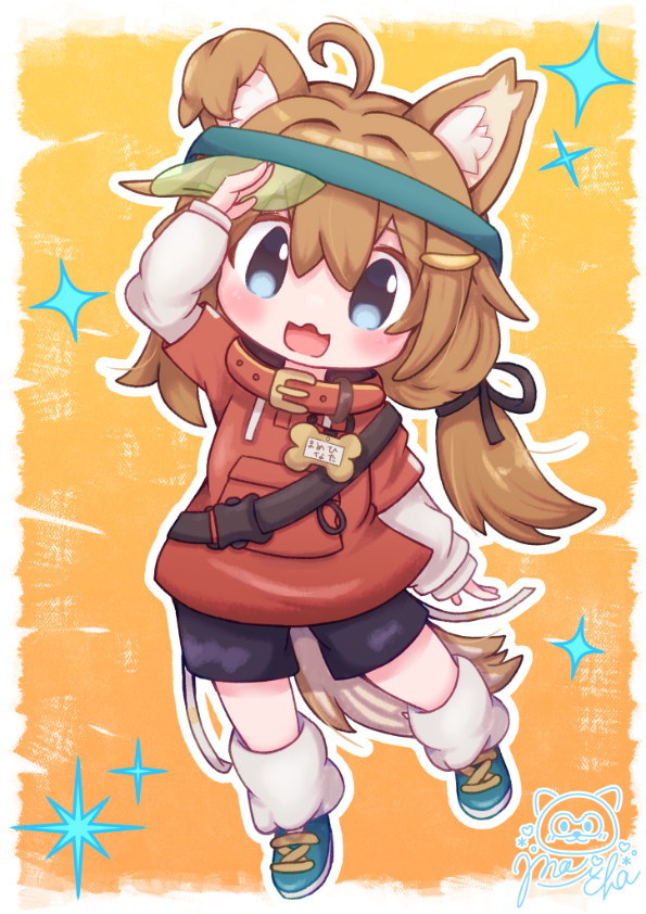 1girl, :d, ahoge, animal_collar, animal_ear_fluff, animal_ears, arm_up, artist_name