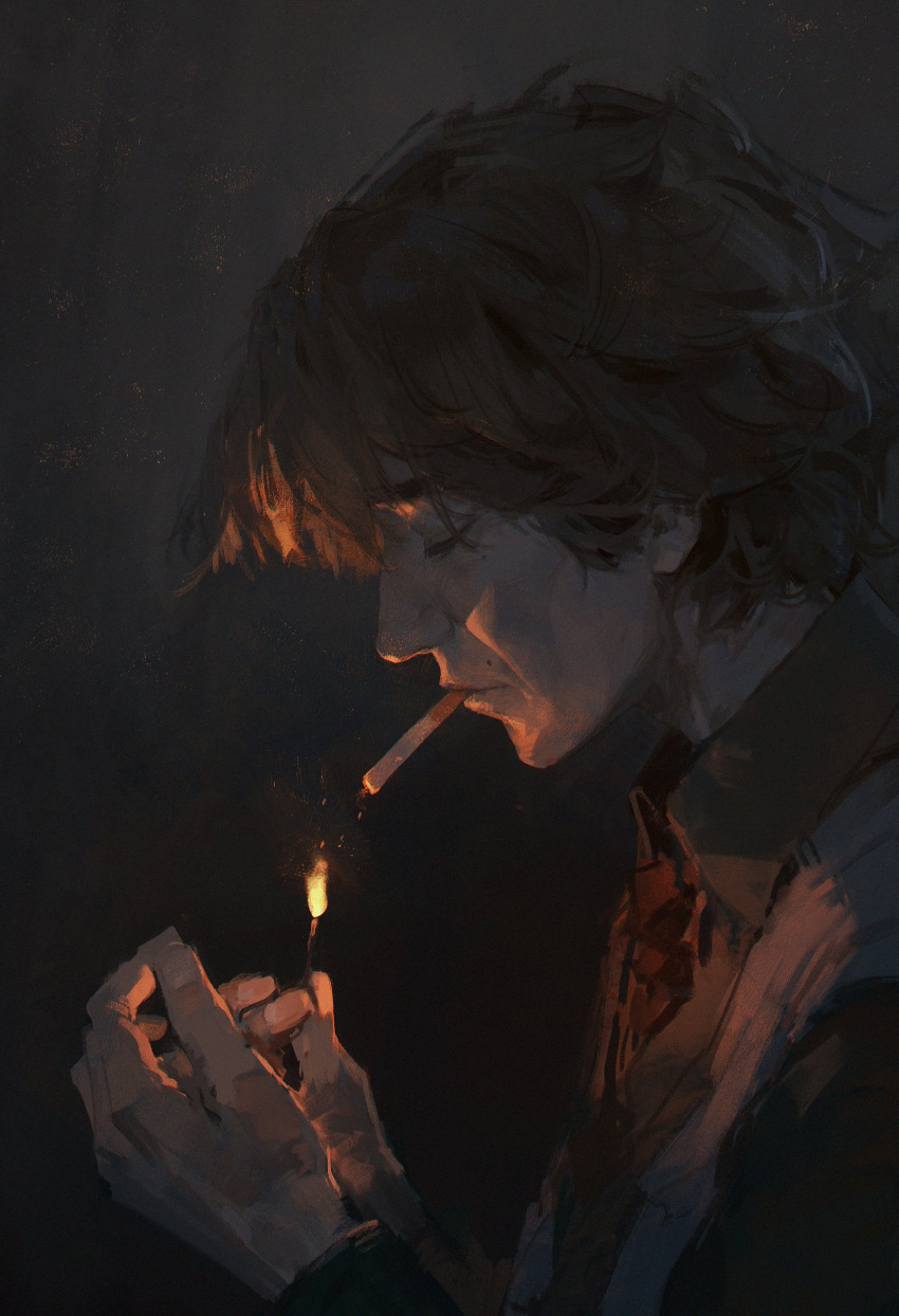 1boy, absurdres, arcane:_league_of_legends, arcane_viktor, black_hair, brown_shirt, closed_eyes, dino_(dinoartforame)