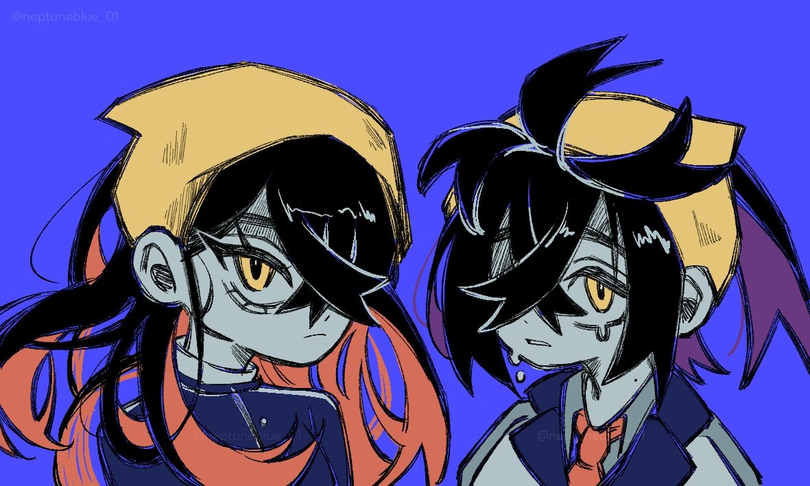 1boy, 1girl, black_hair, blue_background, blue_jacket, blue_shirt, brother_and_sister, carmine_(pokemon)