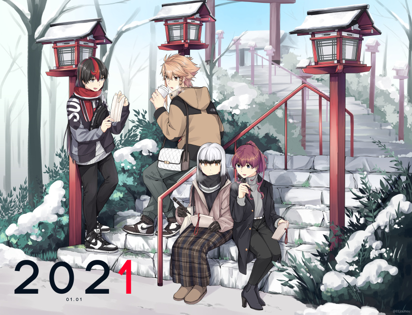 2021, 4girls, absurdres, against_railing, bag, belt, black_bag, black_coat