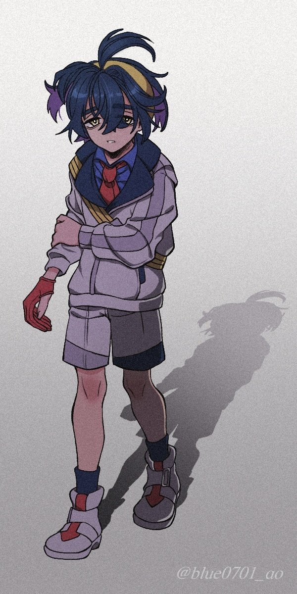 1boy, black_hair, blue_shirt, blue_socks, collared_shirt, crossed_bangs, full_body, gloves