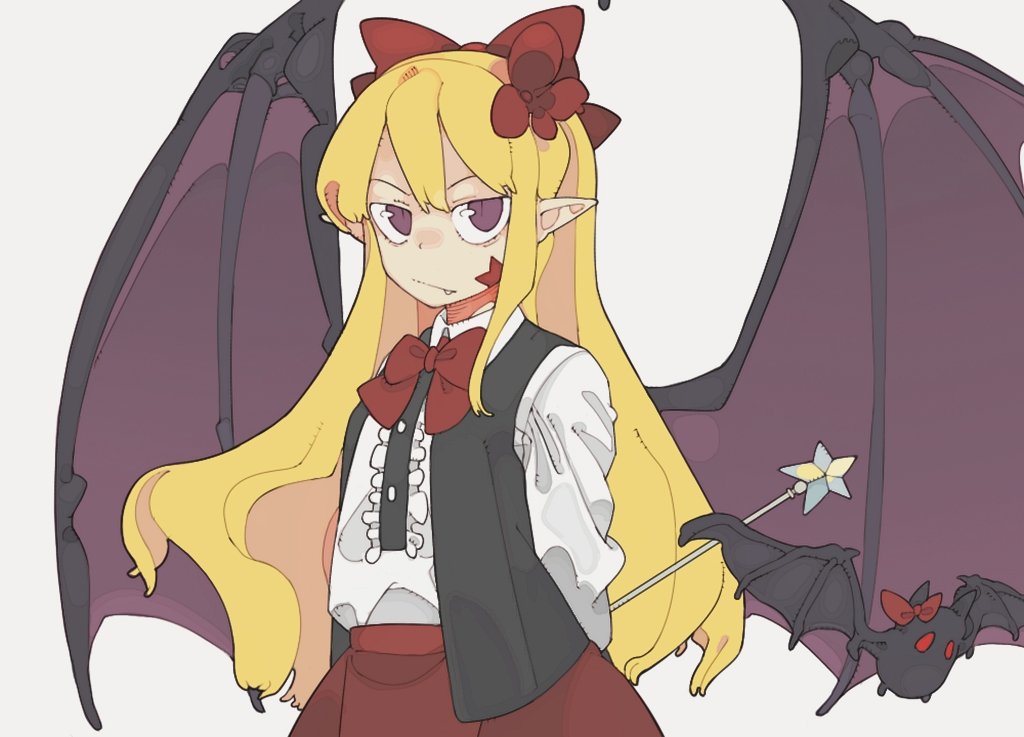 1girl, bat_(animal), bat_wings, blonde_hair, bolos, bow, elis_(touhou), facial_mark