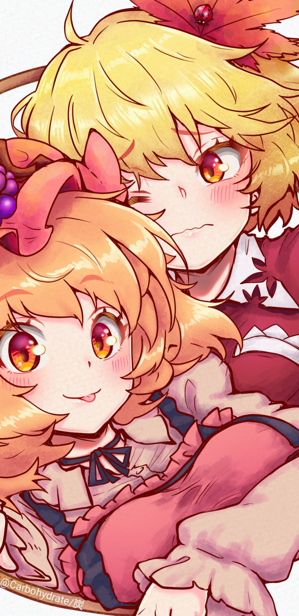 2girls, :s, ahoge, aki_minoriko, aki_shizuha, apron, black_ribbon, blonde_hair