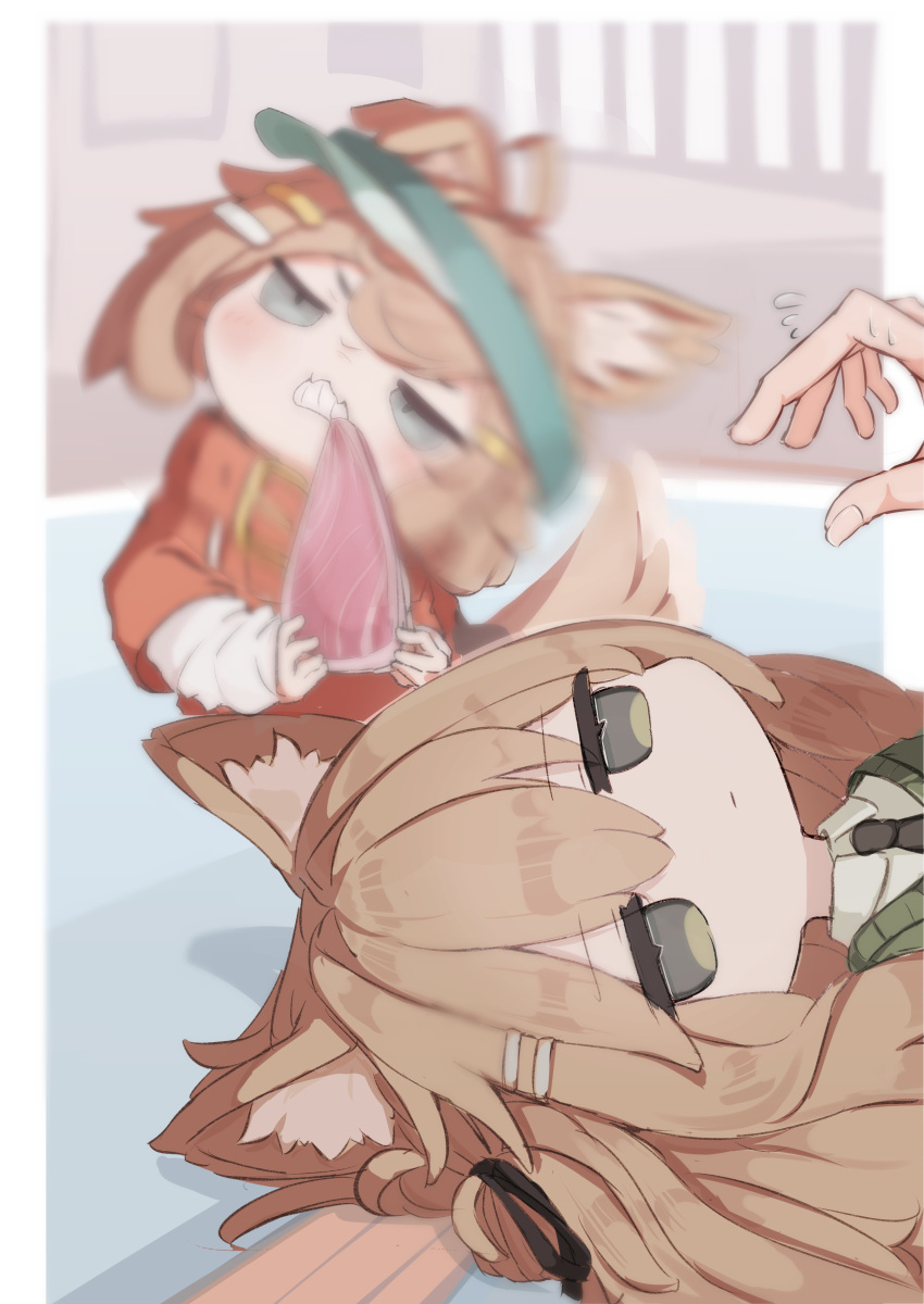 1girl, 1other, 2girls, absurdres, ahoge, animal_ear_fluff, animal_ears, blurry