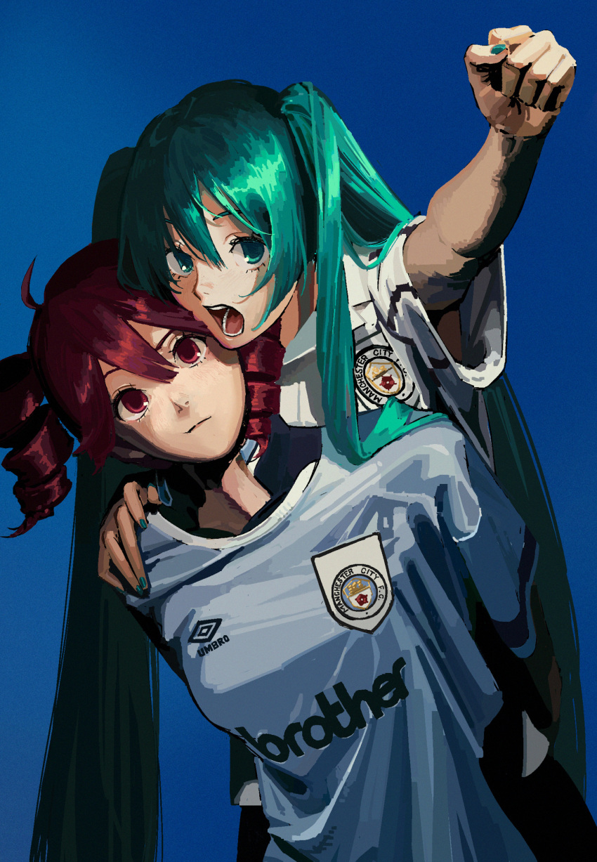 111papilio, 2girls, blue_eyes, blue_hair, drill_hair, hatsune_miku, jersey, kasane_teto