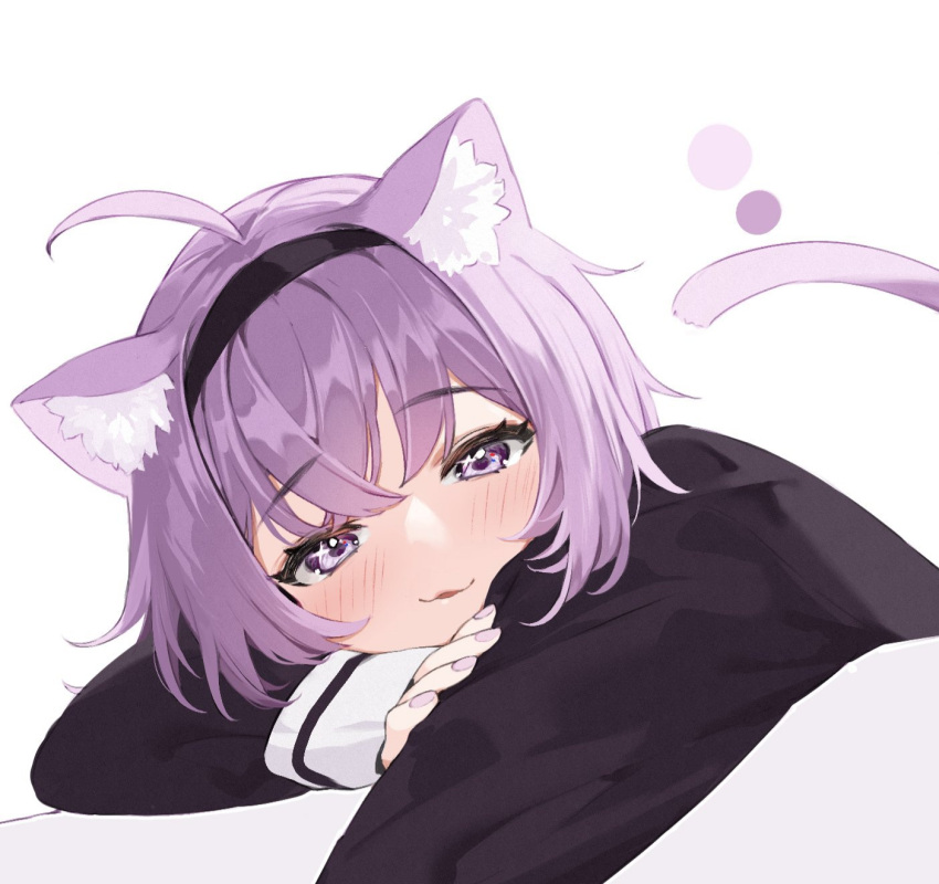 1girl, :3, ahoge, animal_ear_fluff, animal_ears, black_hairband, black_shirt, cat_ears
