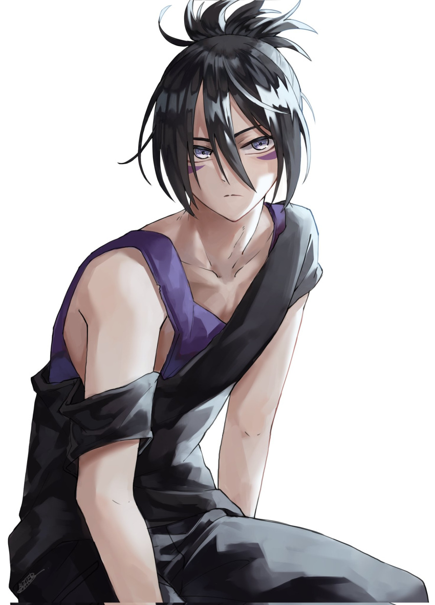 1boy, :/, black_hair, black_pants, black_shirt, closed_mouth, collarbone, commentary_request