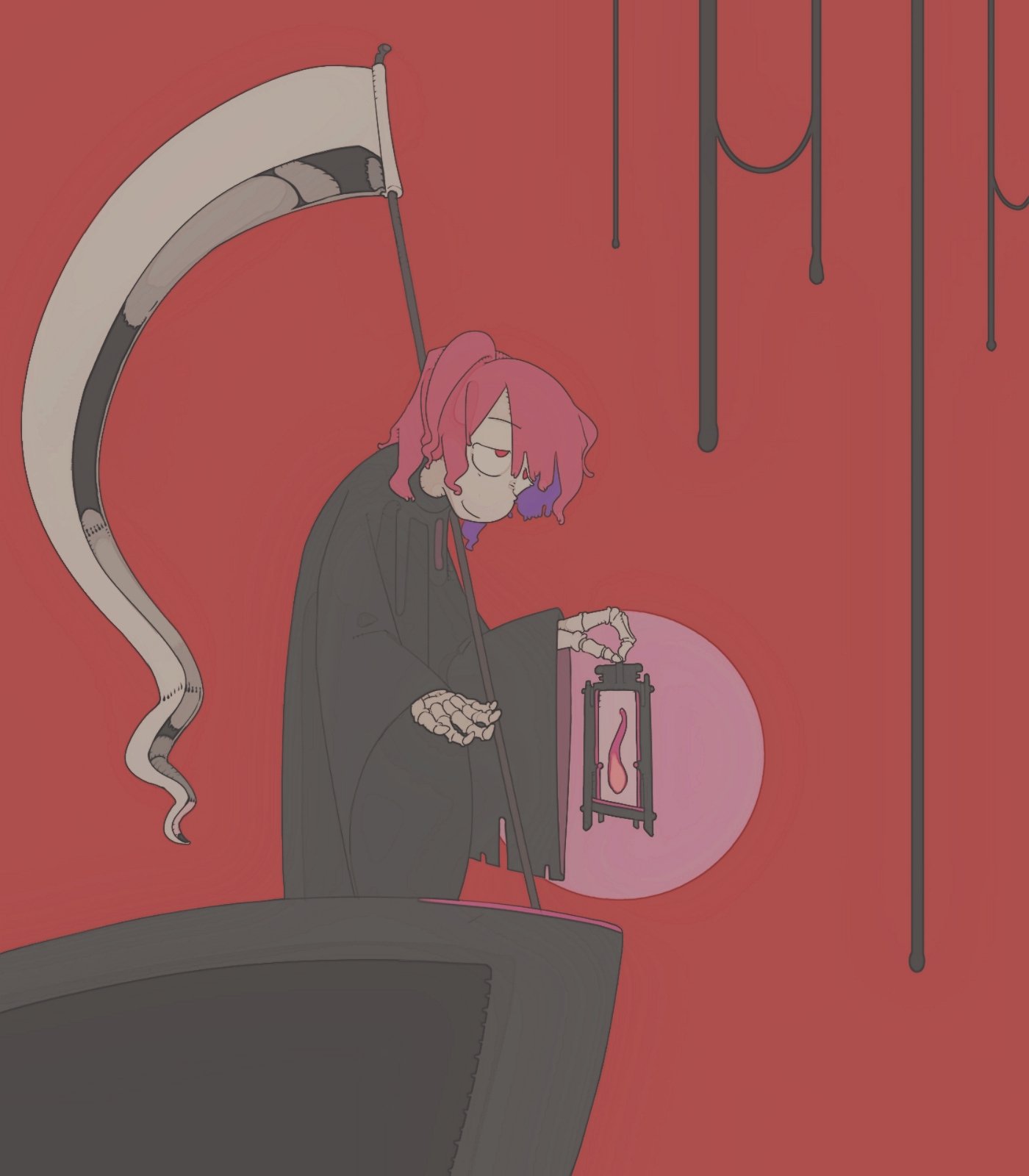 1girl, alternate_costume, black_robe, boat, bolos, cosplay, death_(entity), fire