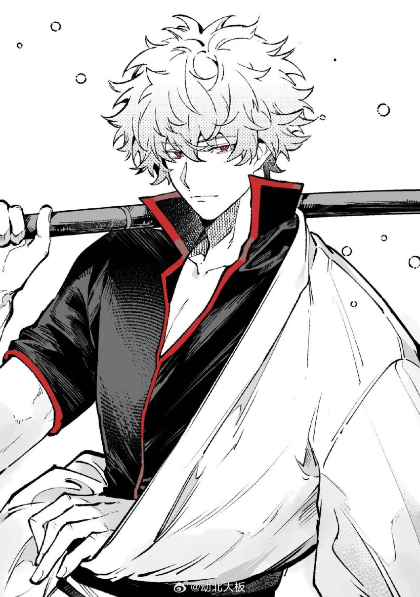1boy, artist_name, bokken, chinese_commentary, closed_mouth, collarbone, commentary_request, dong_beida_ban