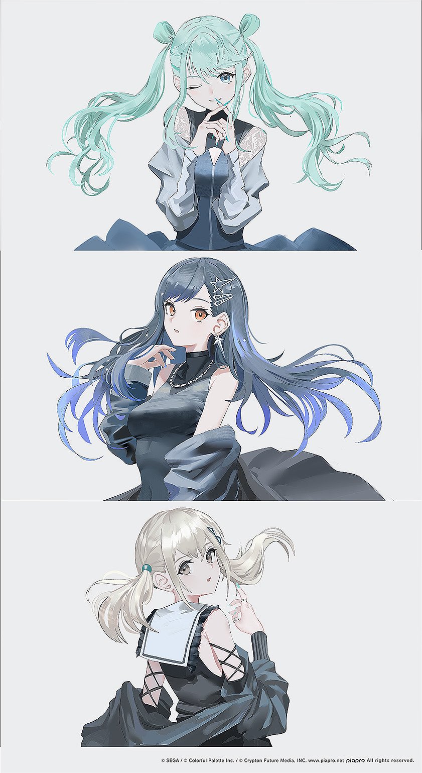 3girls, aqua_eyes, aqua_hair, aqua_nails, azusawa_kohane, bare_shoulders, black_hair, black_jacket