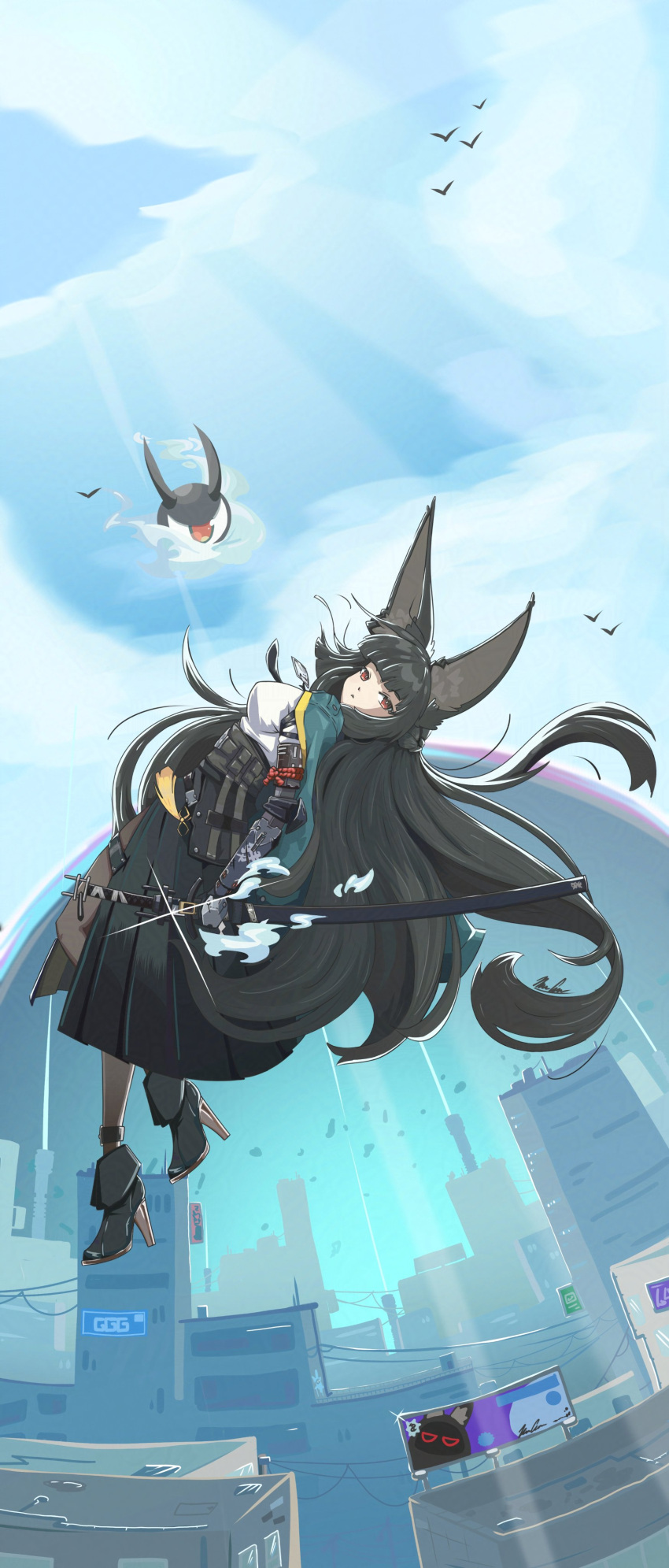 1girl, absurdres, angryfox00, animal_ear_fluff, animal_ears, bird, black_footwear, black_gloves