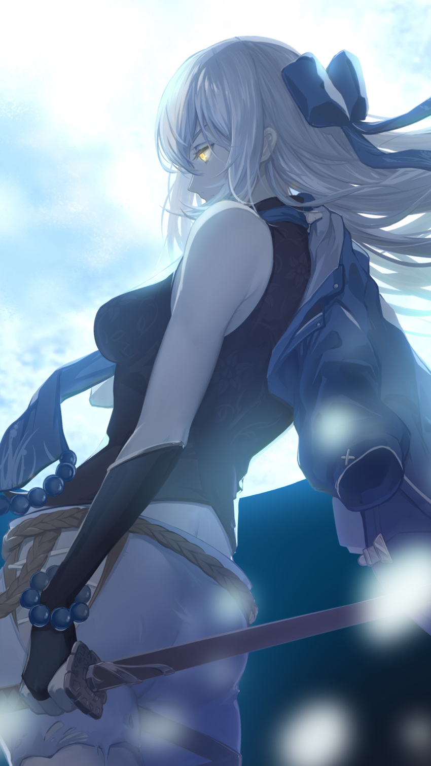1girl, bead_bracelet, beads, belt, black_gloves, black_shirt, blue_bow, blue_jacket