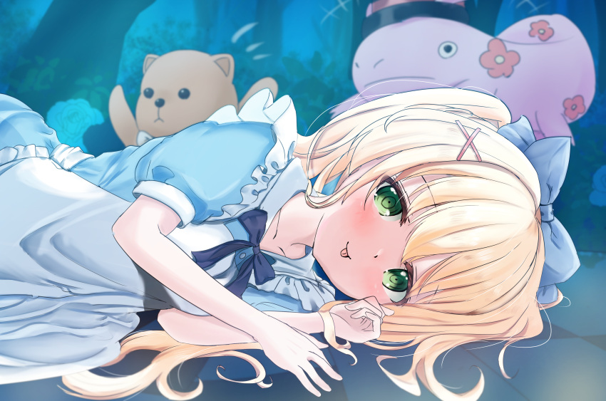 1girl, :p, absurdres, alice_(alice_in_wonderland), alice_(alice_in_wonderland)_(cosplay), alice_in_wonderland, apron, blonde_hair