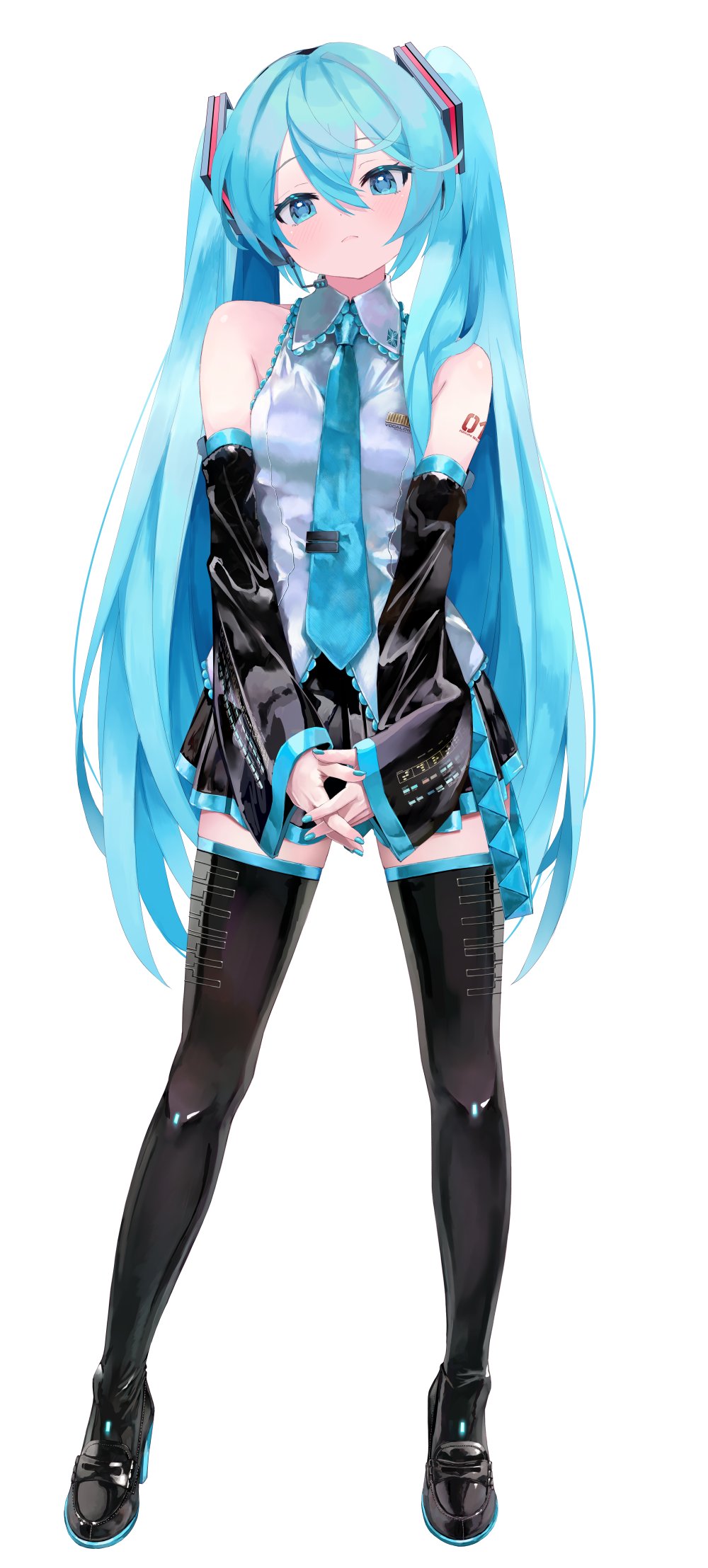 1girl, arm_tattoo, bare_shoulders, black_footwear, black_skirt, blue_eyes, blue_hair, blue_nails