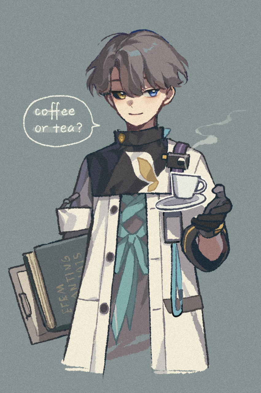 1boy, black_sclera, blue_eyes, book, calamine_black, clipboard, closed_mouth, coat, colored_sclera, cropped_torso, cup, english_text, grey_background, grey_hair, hand_up, highres, holding, holding_book, holding_clipboard, id_card, looking_at_viewer, male_focus, mismatched_sclera, reverse:1999, saucer, short_hair, smile, solo, speech_bubble, steam, teacup, upper_body, white_coat, x_(reverse:1999), yellow_eyes