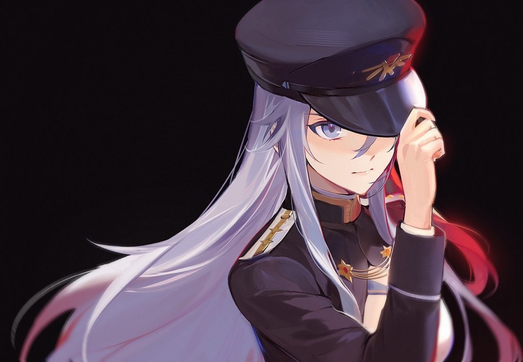 1girl, 86_-eightysix-, arashiko_falcom, black_background, black_coat, black_hat, breasts, closed_mouth