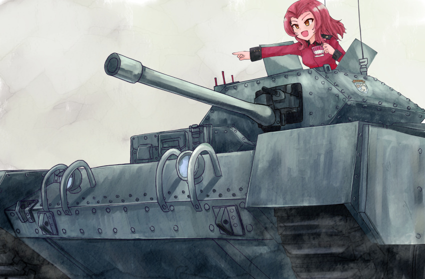 1girl, ;d, brown_eyes, caterpillar_tracks, commentary, crusader_(tank), cup, day
