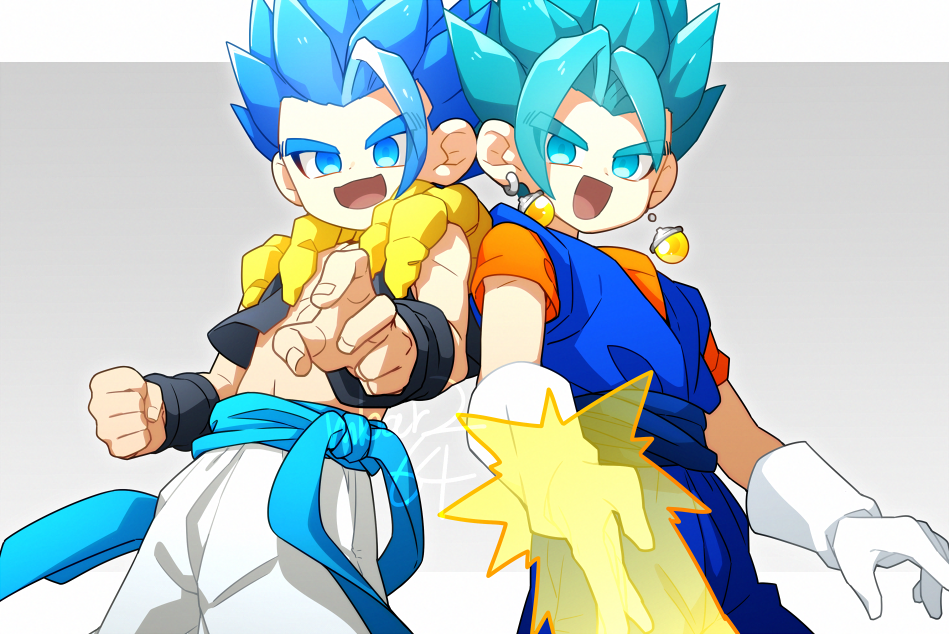 2boys, :d, aqua_eyes, aqua_hair, blue_dougi, blue_eyes, blue_hair, blue_pants