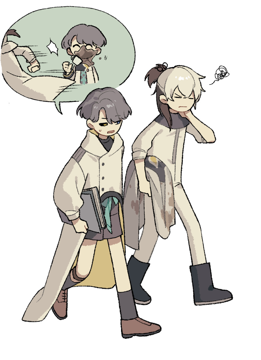>_<, 1boy, 1other, ankle_boots, black_footwear, black_sclera, black_socks, blue_eyes