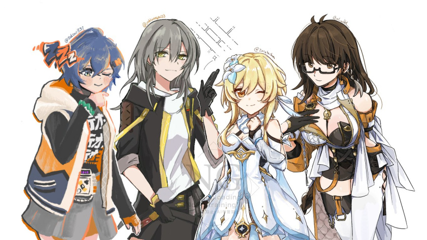 4girls, artist_collaboration, artist_request, belle_(zenless_zone_zero), blonde_hair, blue_eyes, blue_hair, breasts