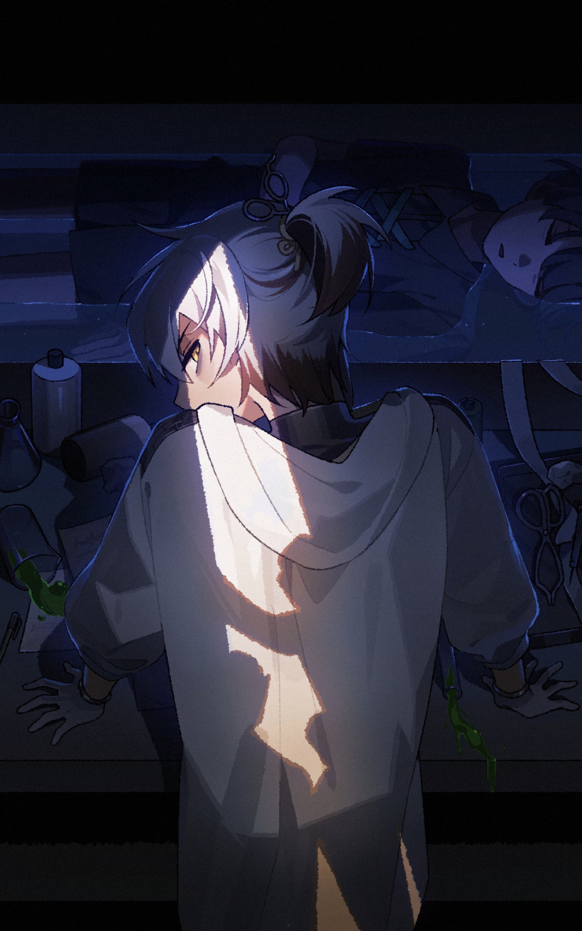 1boy, 1other, absurdres, beaker, brown_hair, calamine_black, closed_eyes, coat